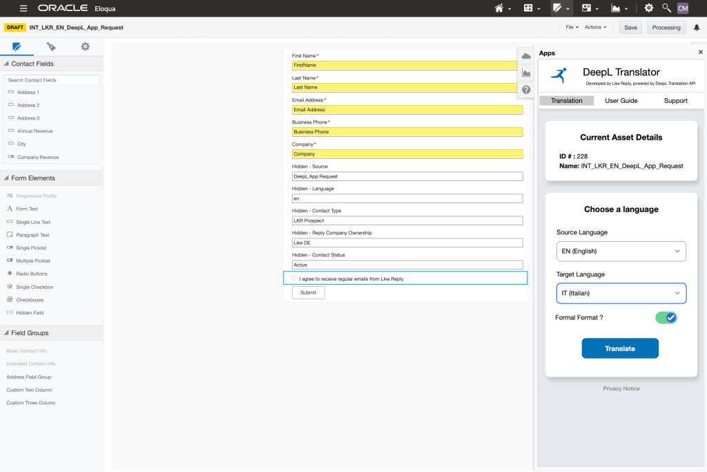 Screenshot of Eloqua DeepL Translation App - 7. Original form in English