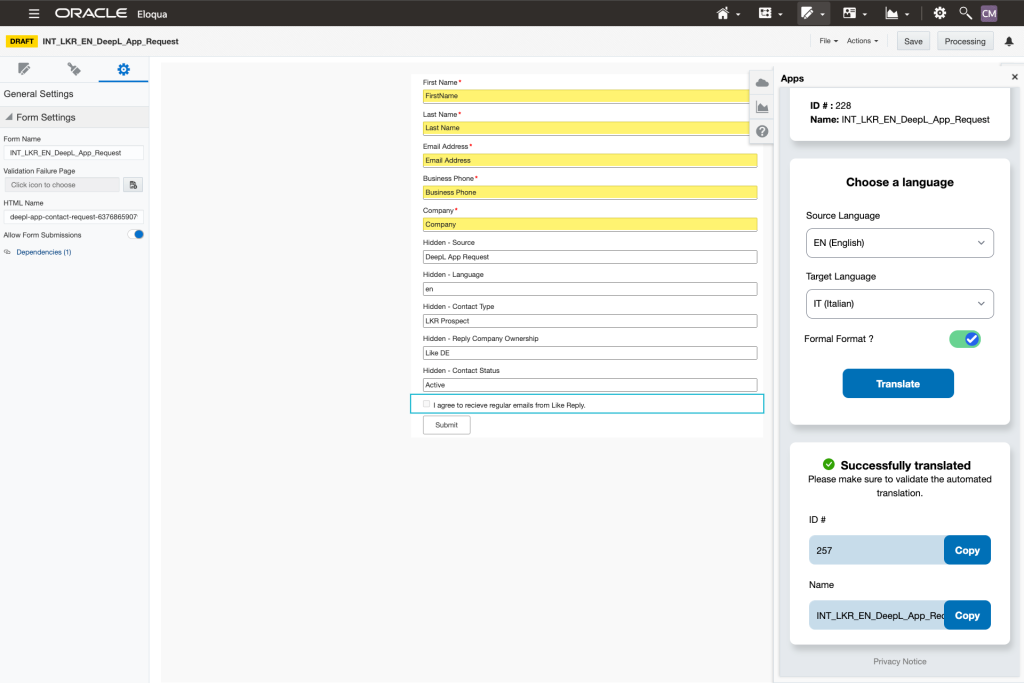 Screenshot of Eloqua DeepL Translation App - 8. Form is translated successfully in Italian