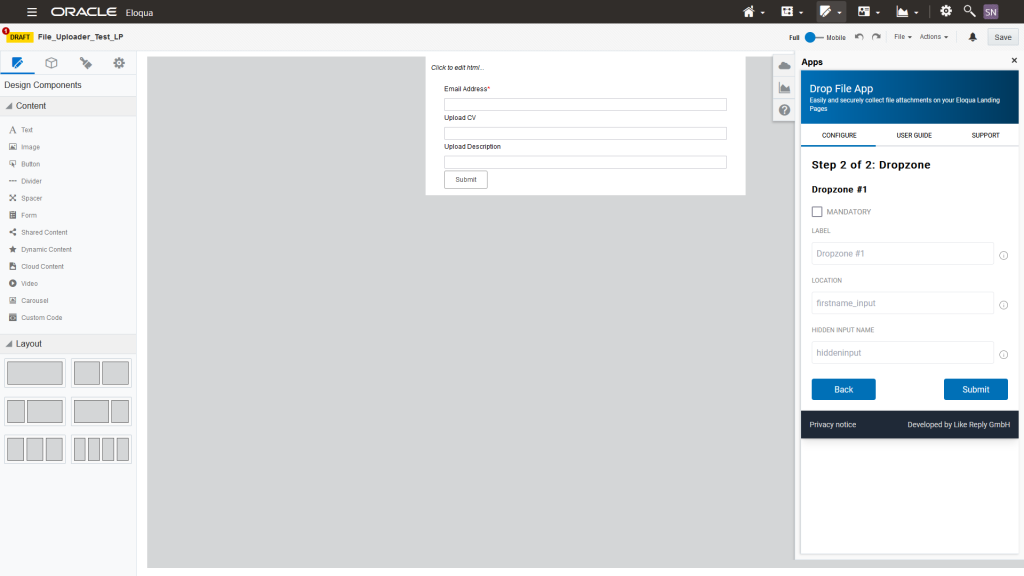 Screenshot der Eloqua Drop File App - 2. Front-End-Konfiguration