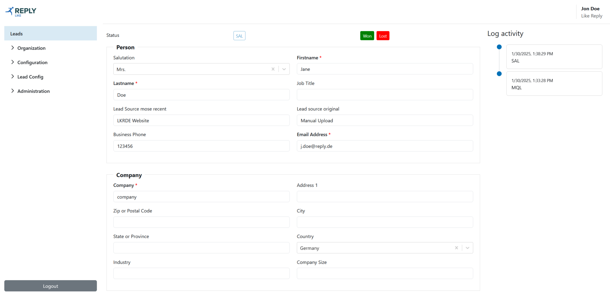 Form showing the contact and company details